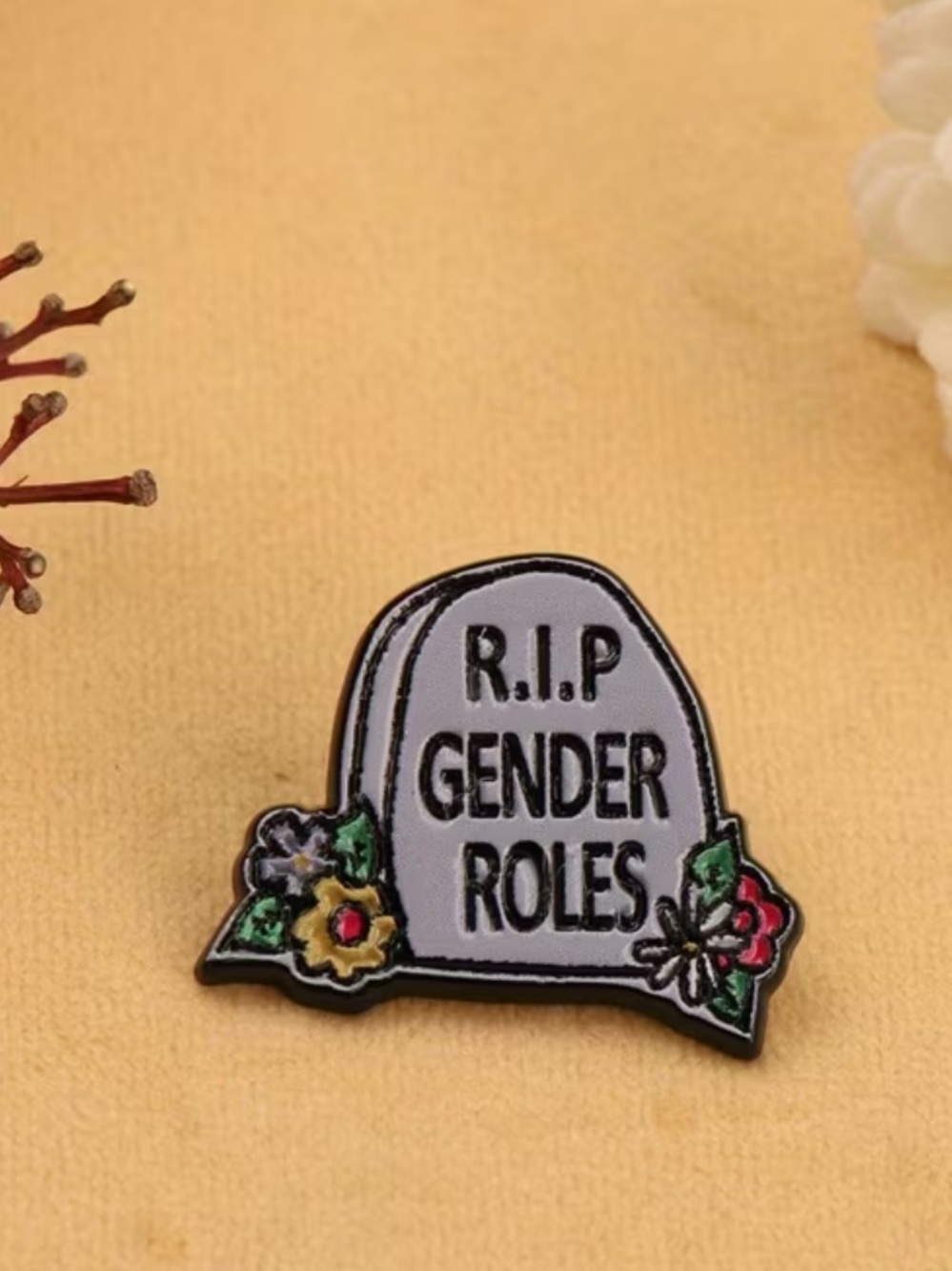 R.I.P. Gender Roles Enamel Pin - White Tombstone with Floral Accent